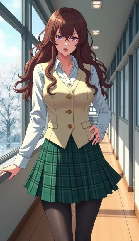 A 20-year-old anime-style Bing-style girl, From-E 3, High resolution, 8k image, stop, aisle, white school, wooden floor, tokyo city, Through the windows you can see the snow-covered treetops in the afternoon, mide 170 cm, Its measurements are B 70, At 35, ...