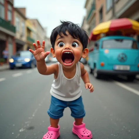 There is a close-up of Cristiano Junior in the picture in which he is sitting on the road. She is wearing a white tank top, blue shorts, and pink Crocs. His hair is black and short, and he has a shocked expression on his face. His mouth is wide open and hi...