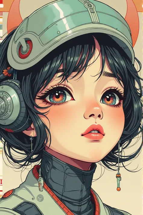 ((best quality)), ((masterpiece)), (detailed), perfect face of cyberpunk mecha japanese girl, surreal, art nouveau, in the illustrative style of moebius, spaceships, aliens, fantasy, sci-fi, graphic novel, line drawing, french retro,
