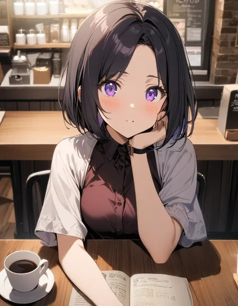 1girl,one length bob cut hair,parted_bangs,black hair,purple eyes,small breasts,pov across table,coffee shop