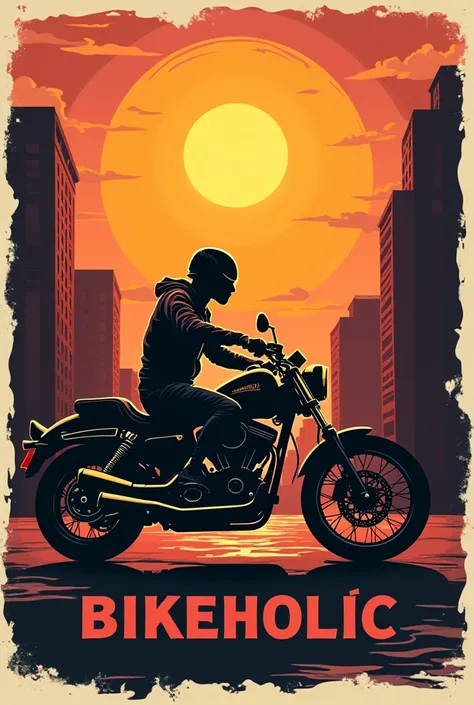 A high-contrast vector t-shirt illustration of a motorbike rider. The big Sun is in the background of bike rider. And cities side of the sun. The illustration is designed in a stencil art style, emphasizing bold lines and shapes to create a striking visual...