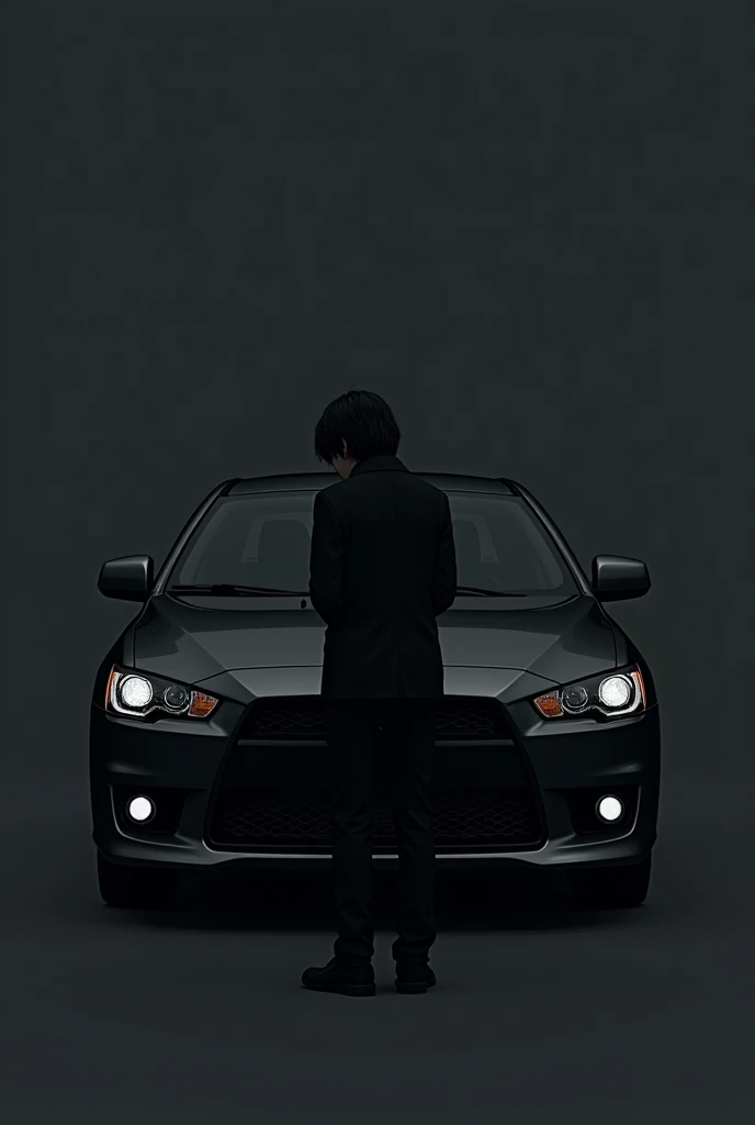 Make a picture of me in front of a black mitsubishi with my head down 