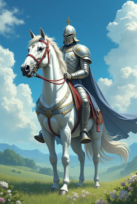 Create the False Peace Horseman of the Apocalypse with an imposing and contrasting appearance. He wears shiny, silver armor, which appears to be decorated with symbols of peace and harmony, but which hides an aura of deception and manipulation. His face is...