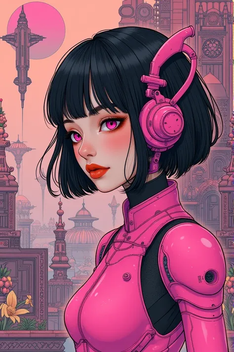 ((best quality)), ((masterpiece)), (detailed), perfect face of cyberpunk mecha japanese girl, neon pink body, neon pink hair, neon pink eyes, neon pink color palette, surreal, art nouveau, in the illustrative style of moebius, spaceships, aliens, fantasy, ...