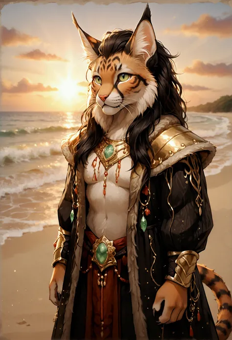 Hybrid ScorpionCat fusion, black fluffy coat, silvery light reddish claws, scorpion tail, nestled in a glistening oasis under enchantment, sharp gazes, contrasting textures of feline softness and scorpion armor, portrayed in fantasy art style, basking in t...