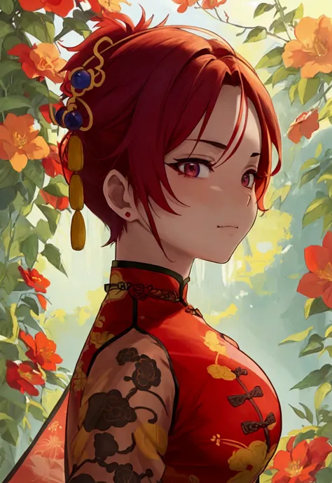 {{complementary colors}}, {{mature female}}, {{curvy}}, {{upper body}}, ((Chinese Clothes)), {{master martial artist)}, complementary colors, ((short hair)), ((red hair)), ((smug expression)), ((light skin)), 1girl, beautifully drawn, high resolution illus...