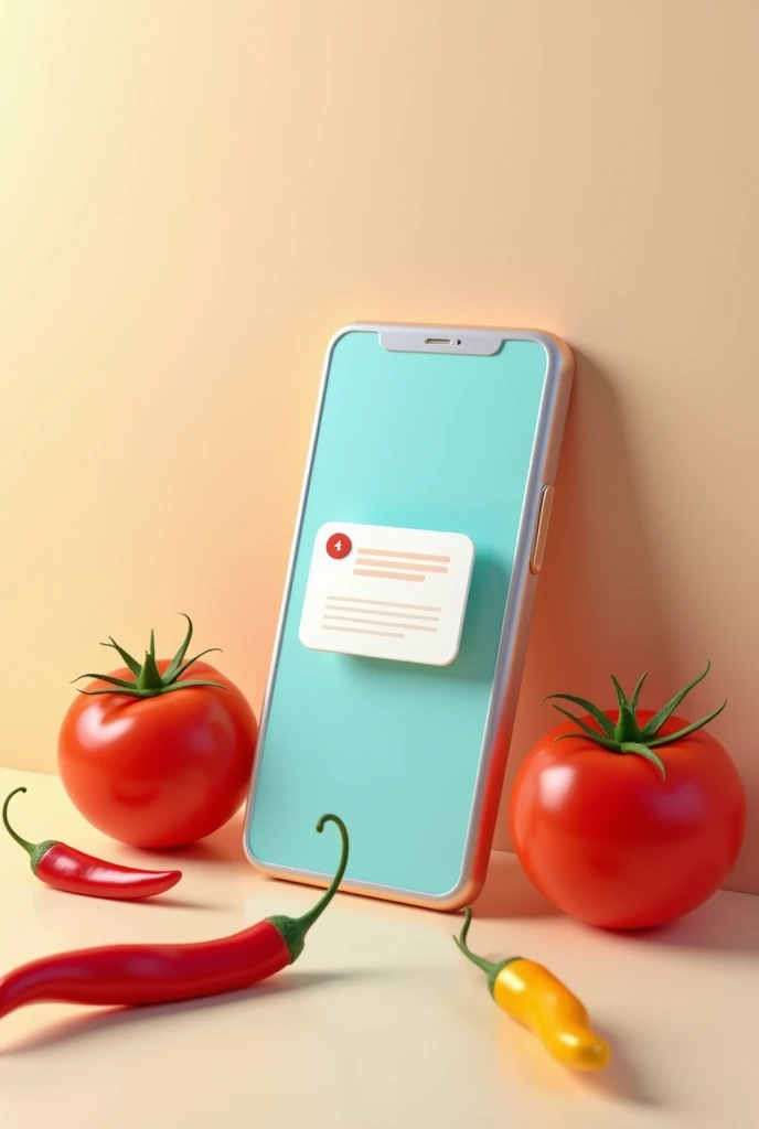 Generator image with 2 tomato and 3chilies around a mobile phone where screen is pop up with a reminder icon . 