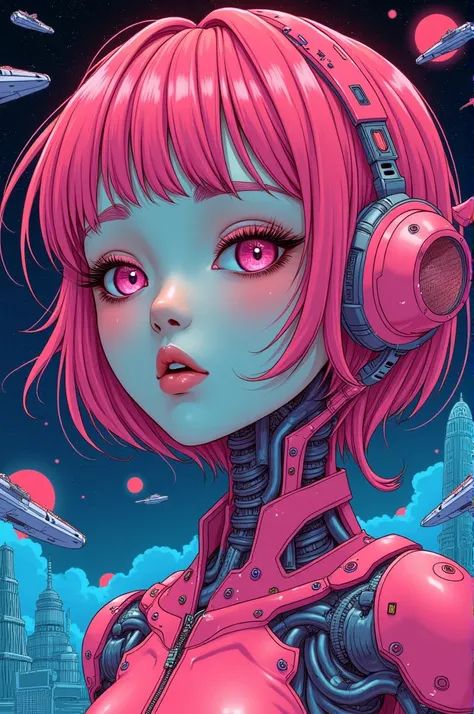 ((best quality)), ((masterpiece)), (detailed), perfect face of cyberpunk mecha japanese girl, neon pink body, neon pink hair, neon pink eyes, neon pink and neon orange color palette, surreal, art nouveau, in the illustrative style of moebius, spaceships, a...