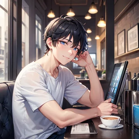 5 biologically correct fingers、Side Angle, (avert your eyes:1.5), masterpiece、Highest quality、(2 men:1.5) and (Black short hair) and (blue eyes), Wearing a white T-shirt、smile、(sad:1.3), Open your mouth, The background is the interior of a café.、(alone:1.5...