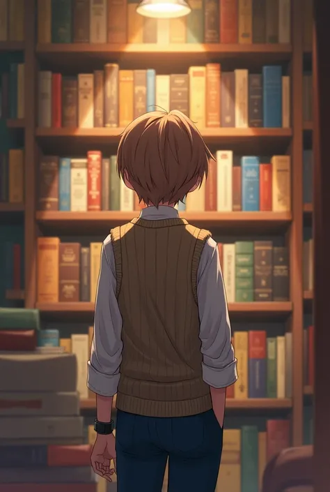 focused, short hair, light brown knitted vest, white long-sleeved button-up shirt, black wristwatch, standing, facing towards bookshelf, natural indoor lighting, surrounded by a floor-to-ceiling array of colorful bookshelves, cozy and intellectual atmosphe...