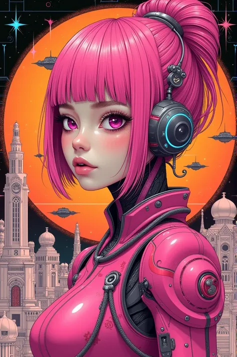 ((best quality)), ((masterpiece)), (detailed), perfect face of cyberpunk mecha japanese girl, neon pink body, neon pink hair, neon pink eyes, neon pink and neon orange color palette, surreal, art nouveau, in the illustrative style of moebius, spaceships, a...