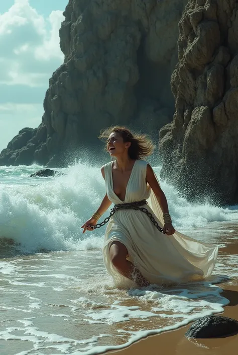 A frightened woman chained to a rock on a beach, wearing ancient Greek clothes and a brave hero is saving her from being killed by the high tide