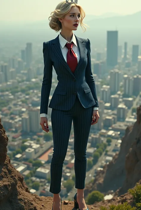 1 woman beautiful curves a massive thighs blonde hair done up red lips wearing a perfect form fitting navy pinstripe trouser suit and blazer, crisp white shirt and large blade width and large windsor knot crimson red tie, tiara veil massive breasts. Platfo...