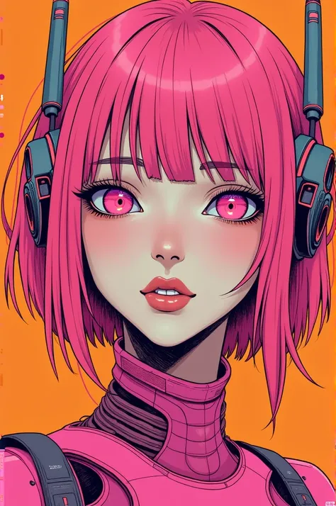 ((best quality)), ((masterpiece)), (detailed), perfect face of cyberpunk mecha japanese girl, neon pink body, neon pink hair, neon pink eyes, ((monochromatic neon pink and neon orange color palette)), surreal, art nouveau, in the illustrative style of moeb...