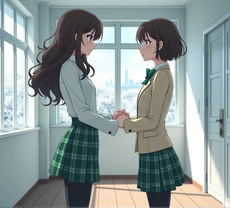 Two 20-year-old anime-style women Bing style, From-E 3, High resolution, 8k image, stops, aisle, white school, wooden floor, tokyo city, Through the windows you can see the snow-covered treetops in the afternoon, The first woman is 170 cm tall, its measure...