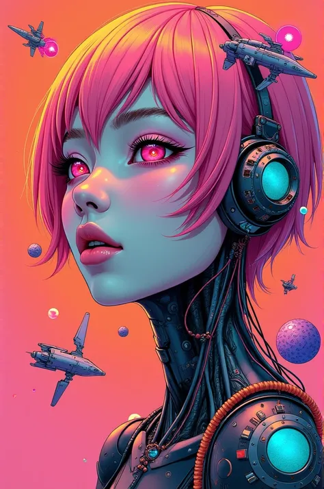 ((best quality)), ((masterpiece)), (detailed), perfect face of cyberpunk mecha japanese girl, neon pink body, neon pink hair, neon pink eyes, monochromatic neon pink and neon orange color palette, surreal, art nouveau, in the illustrative style of moebius,...