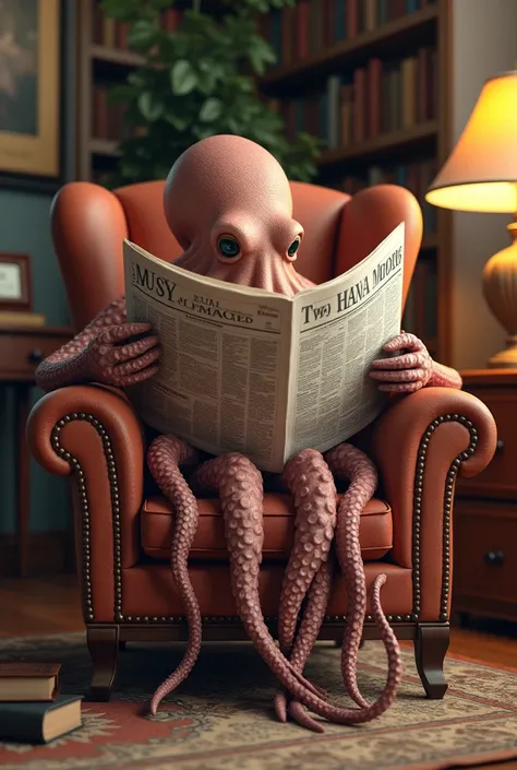 an octopus sitting on a chair with a newspaper on its face and lots of details 