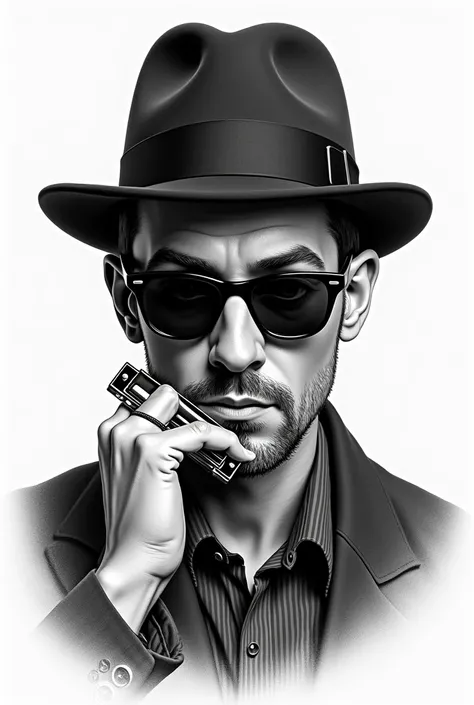 Create a drawing of a man holding a harmonica. This man must wear sunglasses that completely cover his eyes, giving an air of attitude and style to the drawing., wear a bowler hat and have a physiognomy that resembles the Blues Brothers and should only sho...