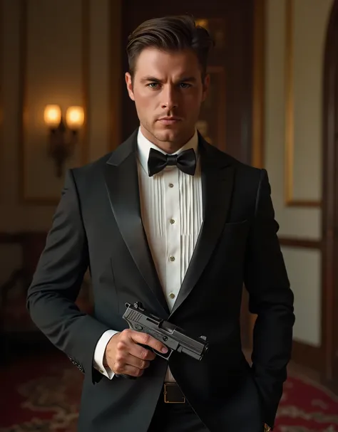 masterpiece, best quality, 1man, male focus, solo, solo focus, Hispanic, perfect hands, holding pistol with one hand, (Beretta 92:1.4), brown hair, hazel eyes, tuxedo, black tuxedo, danger atmosphere, mansion backdrop, combed back hair, white shirt, black ...