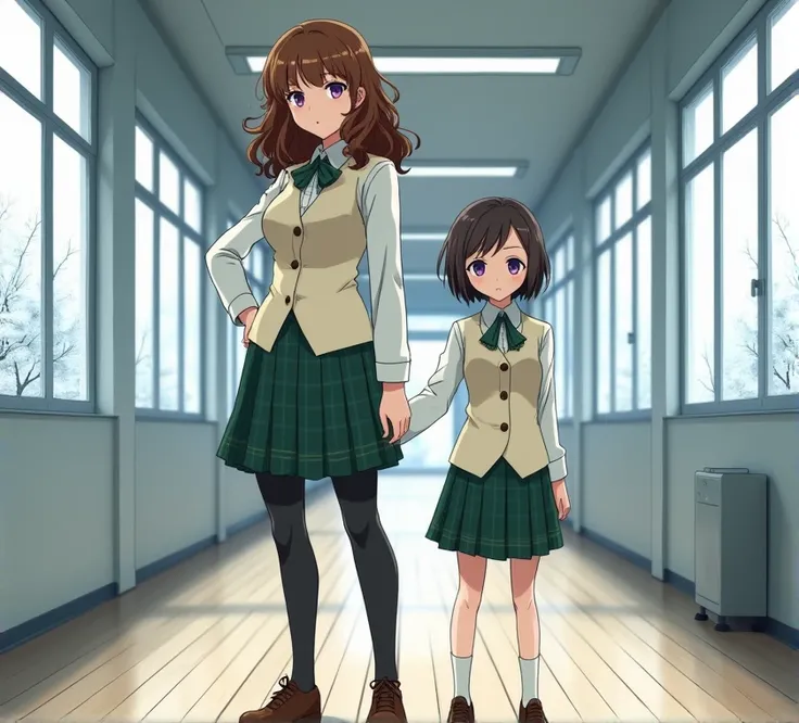 Two 20-year-old anime-style women Bing style, From-E 3, High resolution, 8k image, stops, shoulder to shoulder, aisle, white school, wooden floor, tokyo city, Through the windows you can see the snow-covered treetops in the afternoon, The first woman is 17...