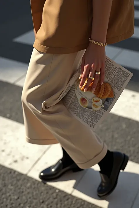 café glacé, croissant et journal à la main, accessoirisés avec un bracelet et des bagues en or, mocassins noirs avec des chaussettes, traverser la rue, Vue descendante, milieu urbain, ambiance décontractée, bien éclairé, netteté.