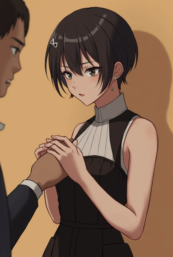 Character with short, black hair, styled with a few loose strands, decorated with a bow and earrings. She is wearing a black and white sleeveless dress with a high collar and belt.. Another character reaches his hand across her body., adding a sense of int...