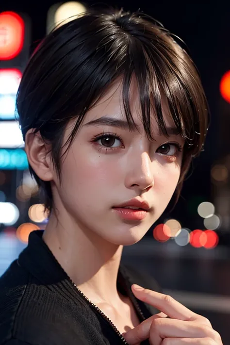 1 boy, Tokyo street,night, cityscape,city lights, upper body,close-up, 8k, RAW photo, best quality, masterpiece,realistic, photo-realistic, cute face , realistic,short hair black colour, dark brown eyes