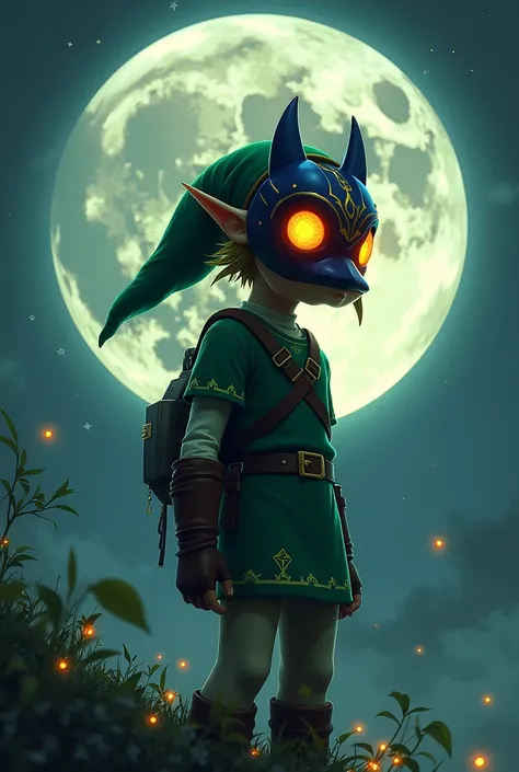 Zelda majorask with moon background and link plus majorask mask and letters that say bea and jose 01-08-2023