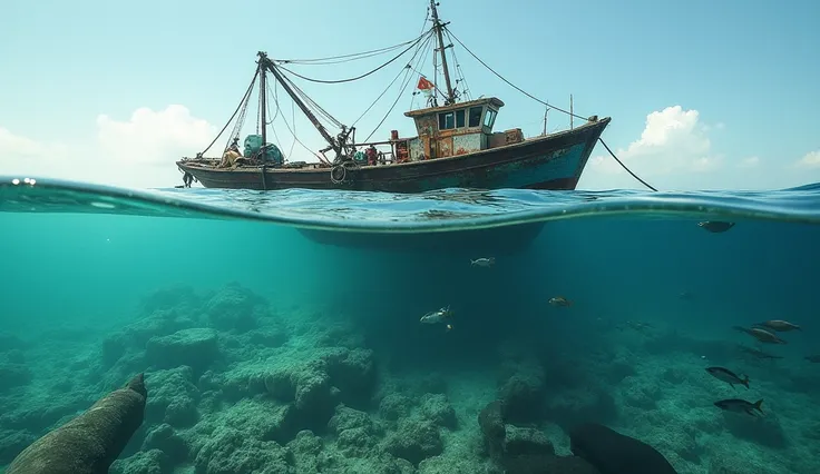 A realistic photograph of a fishing boat using illegal gillnets in the Gulf of California, with a focus on the nets and the surrounding waters. The image should convey the danger posed to the Vaquita, with a clear and alarming tone. ---ar 16:9