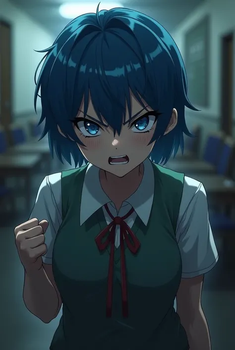 Yandere girl with blue short hair looking angey at the camera, School bg