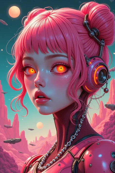 ((best quality)), ((masterpiece)), (detailed), perfect face of cyberpunk mecha japanese girl, neon pink body, neon pink hair, neon pink eyes, ((monochromatic neon pink, orange and lime green color palette)), surreal, art nouveau, in the illustrative style ...