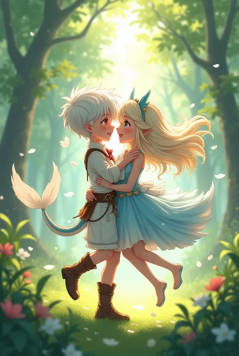 Realistic anime style drawing of a boy and a girl playing in a forest during the day. The boy with short white hair, Red eyes, clear skin, white clothing with leather and a white tail on the child. The girl with long white hair, blue eyes, clear skin, ligh...