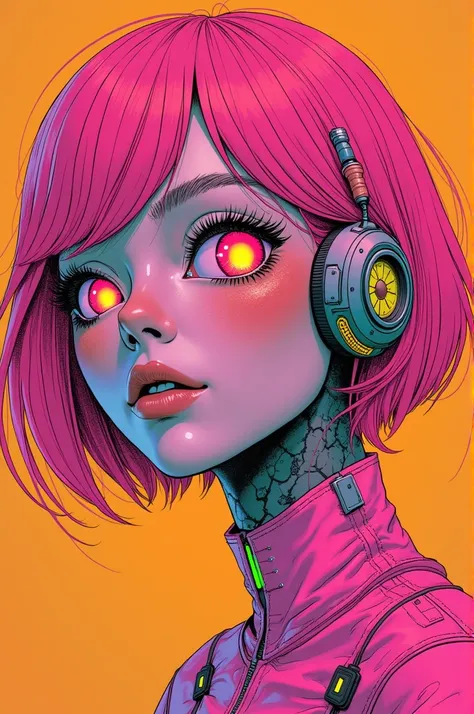 ((best quality)), ((masterpiece)), (detailed), perfect face of cyberpunk mecha japanese girl, neon pink body, neon pink hair, big neon pink eyes, ((monochromatic neon pink, orange and lime green color palette)), surreal, art nouveau, in the illustrative st...