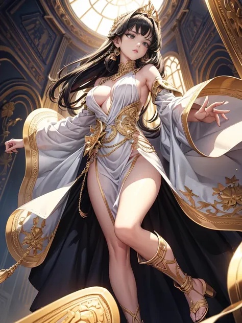 20 years old, with long black hair down to her waist, golden eyes. She wears jewelry and dresses in an antique style, donning a long white dress with golden details. She wears elegant gladiator sandals. She possesses golden powers and has a golden-themed b...