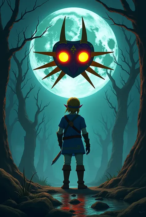 Zelda majorask with moon background and link plus majorask mask and words that say bea and jose 01-08-2023