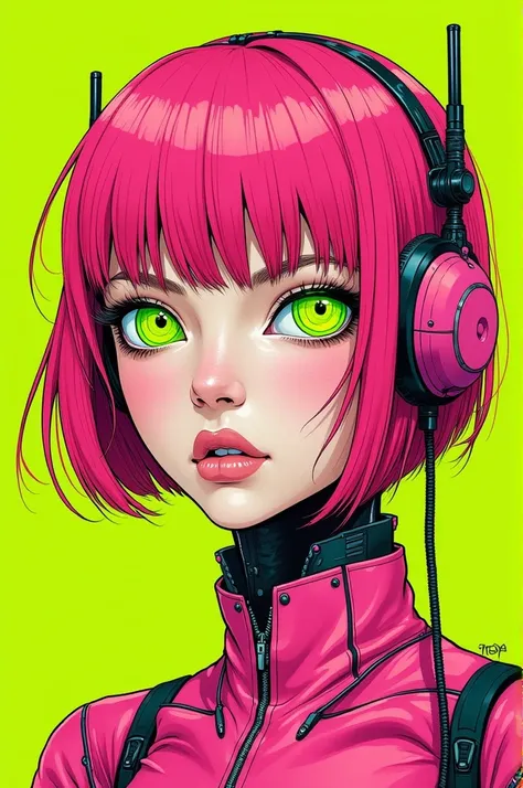 ((best quality)), ((masterpiece)), (detailed), perfect face of cyberpunk mecha japanese girl, neon pink body, neon pink hair, big neon lime green eyes, ((monochromatic neon pink, orange and lime green color palette)), surreal, art nouveau, in the illustrat...