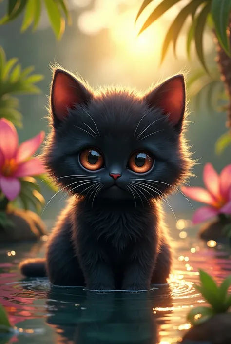 black fluffy kawaii feline, expressive eyes, radiant fur, silver-reddish ,situated in an oasis of complexity and majesty, surrounded by sparkling waters and glittering foliage, magical ambiance, ultra detailed scenery, oasis replete with lush palms and viv...