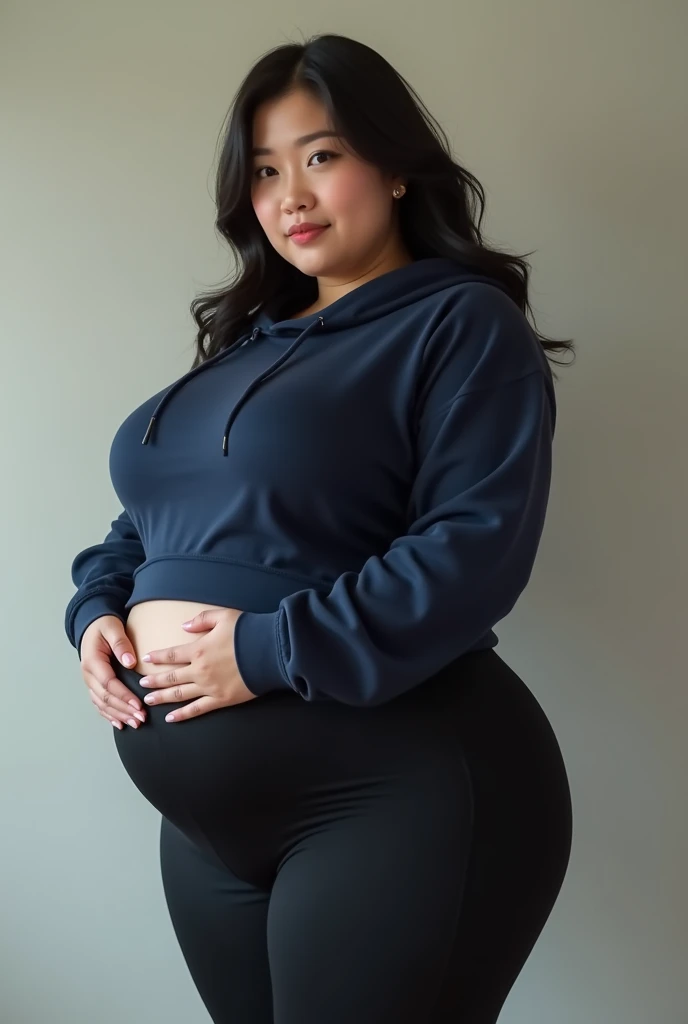 Curvy fat ssbbw japanese Woman with big ass and wide hips, wearing black leggings, and a navy blue hoodie