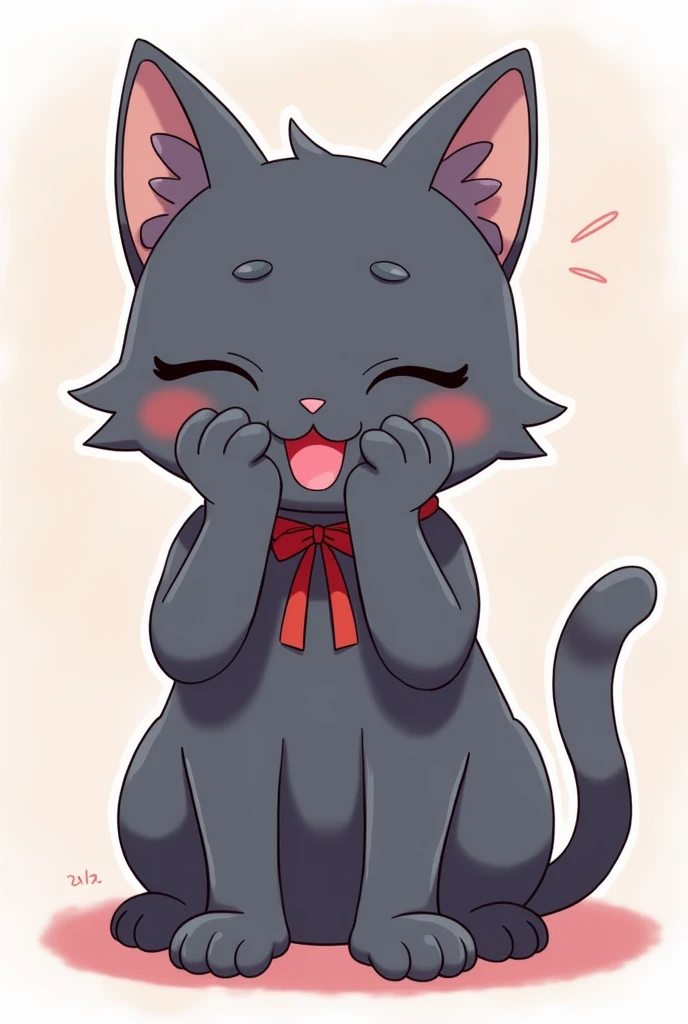 bright, colorful, Cute sitting cat illustration,Russian Blue, character, Hands are put together in front of the face, Eyes closed, Looking down a little, Dark grey fur, Ribbon collar, Happy expression, Mouth closed, The corners of the mouth are turned up, ...