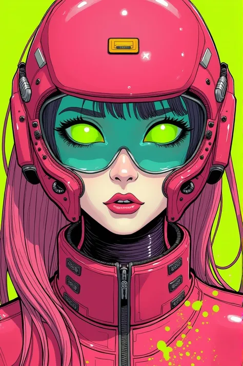 ((best quality)), ((masterpiece)), (detailed), perfect face of cyberpunk mecha japanese girl, neon pink body, neon pink hair, big neon lime green eyes, ((monochromatic neon pink, orange and lime green color palette)), surreal, art nouveau, in the illustrat...