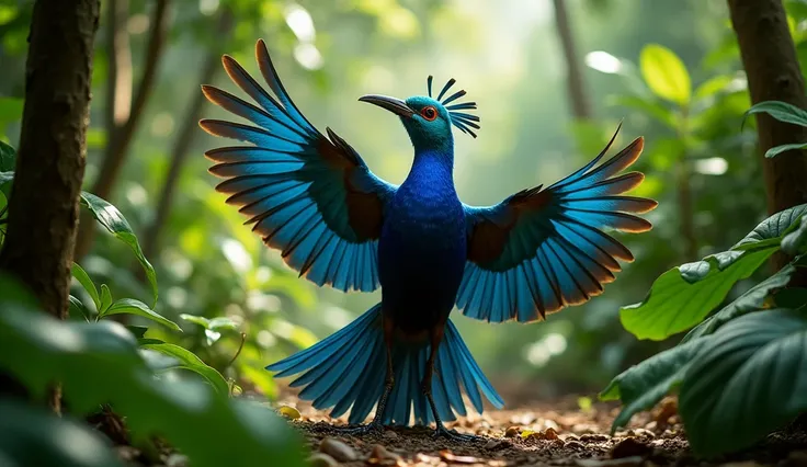 A realistic photograph of a Blue Paradise Bird in the lush, green rainforest of Papua New Guinea. The bird should be captured in mid-dance, displaying its vibrant blue and black plumage. The background should be a rich tapestry of rainforest foliage, with ...