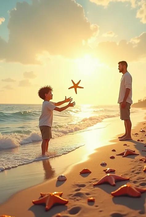 A boy throwing  a starfish in a beach to an ocean and a man behind watching him from far and asked him why is he doing that
. There are many starfishes in the beach realistic 