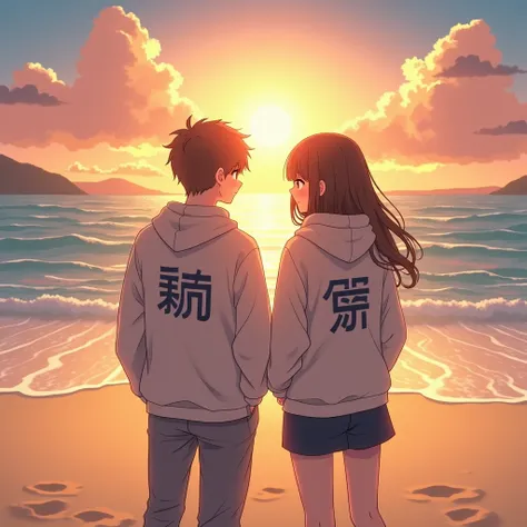 - type anime.
-Details 3d.
- There are two people in the image, a man and a woman.
- They are standing on a beach.
- The sun is shining behind them.
- They are both wearing hooded sweatshirts.
- two of the sweatshirts has the name "শুকুর" "সাথী" written on...