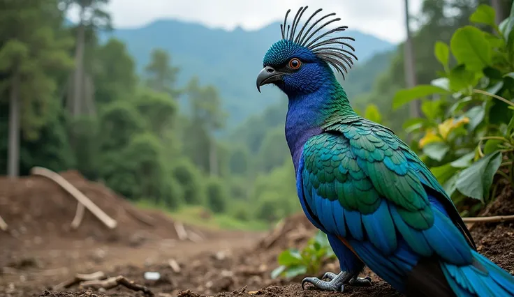 A realistic photograph showing a vibrant Blue Paradise Bird in a partially deforested area of Papua New Guinea. The scene should juxtapose the bird’s colorful plumage with the encroaching deforestation, creating a striking and concerning visual. ---ar 16:9