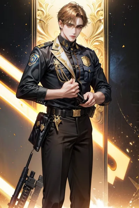 high resolution, A man with golden brown hair, Policeman, cool police uniform, sharp, cold eyes, tall and strong, standing still.
