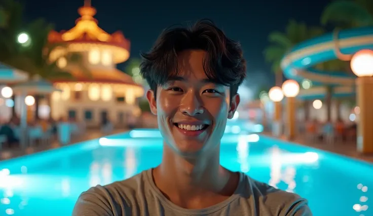 Japanese,25,  handsome,  fair skin, black eyes（thin eyes 1：3), (Super detailed, Realistic, best quality, 4K, 8k, High resolution, masterpiece:1.3), he is now in water theme park. Smile. Night time