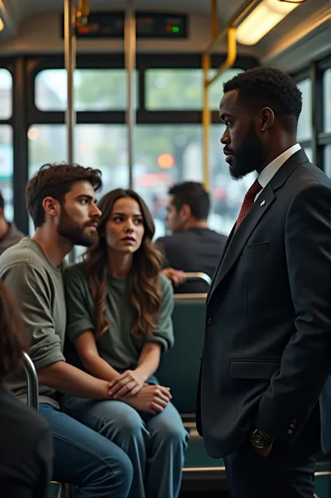 A guy and girl sitting ina bus together and a black guy staring at them

