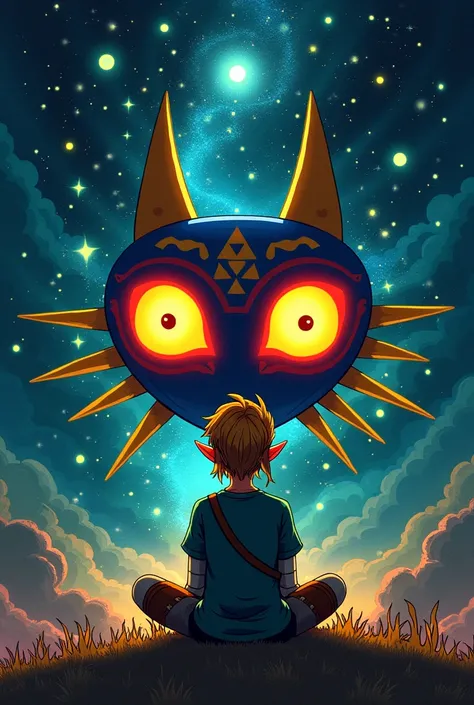 Zelda Majorask Mask background with letters that say Bea and Jose 01082024 and Link sitting in front of the moon 