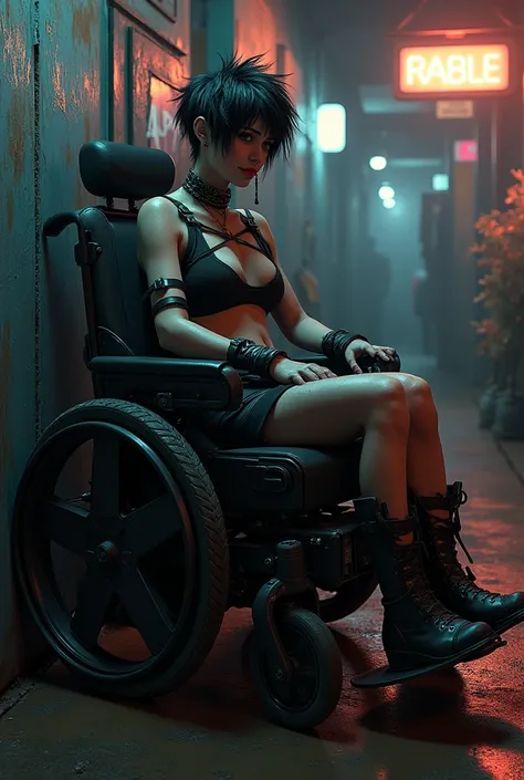 A curvy punk girl with short hair is strapped to a big modern powerwheelchair. Her head is held with straps to a headrest. She looks ar us from the corner of her eye. Her arms are strapped to the armrests. She looks at us and smiles sadly. She is in a nigh...