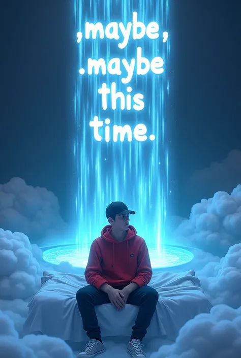 A surreal image of a young man sing on a bed set down made of clouds, a jacket black cap red with pants shoes waterfall cascading down from the night sky. The water flows in the shape of the words ", maybe this time" with each letter shimmering in neon lig...